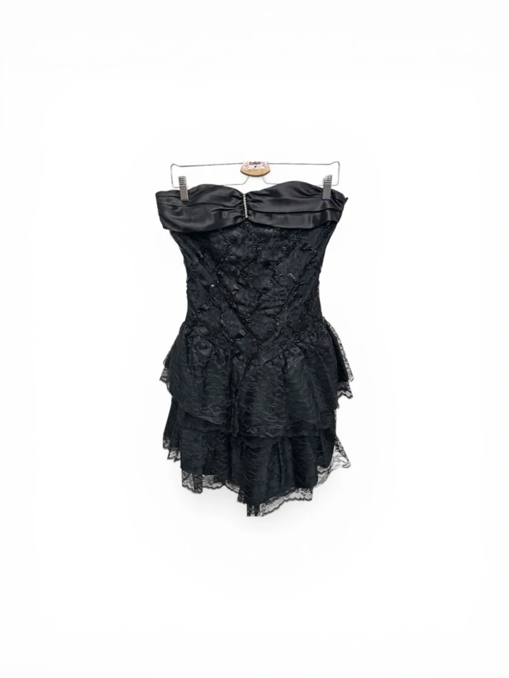 Vintage Black Strapless Lace Cocktail Dress Tiered whimsigoth Mini Dress medium